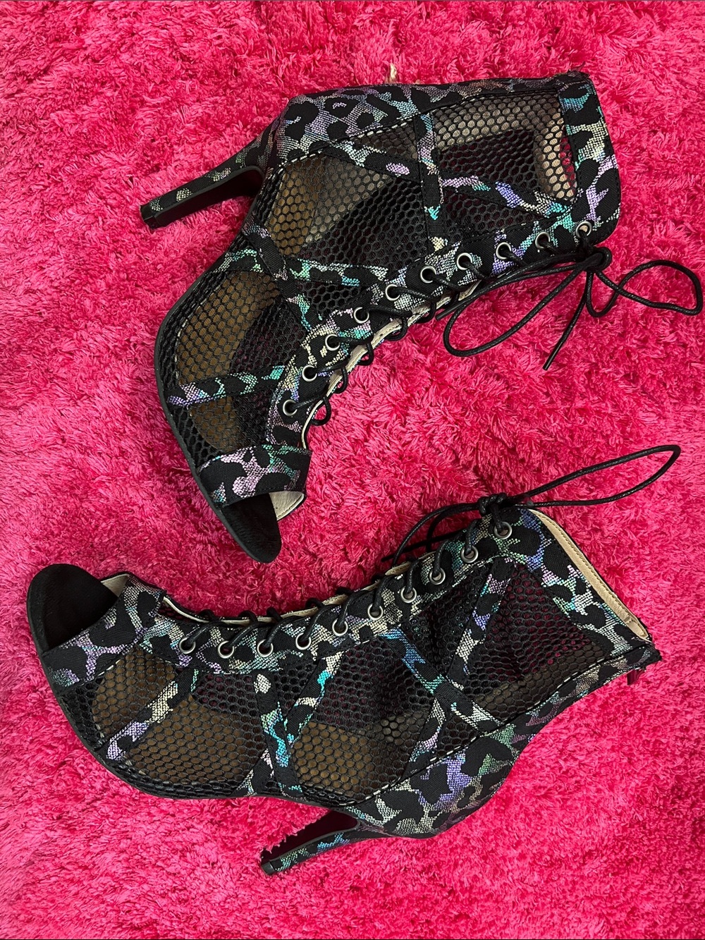 Lace-Up Mesh Peep-Toe Heels in Multi-Colored Holographic Leopard Print/Black